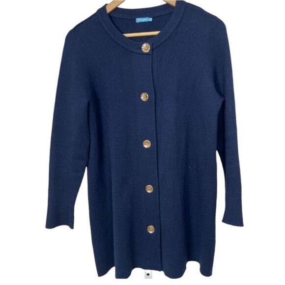 J. McLAUGHLIN Women’s Button Front Ribbed Cotton Blend Long Cardigan Blue Medium - Picture 1 of 6